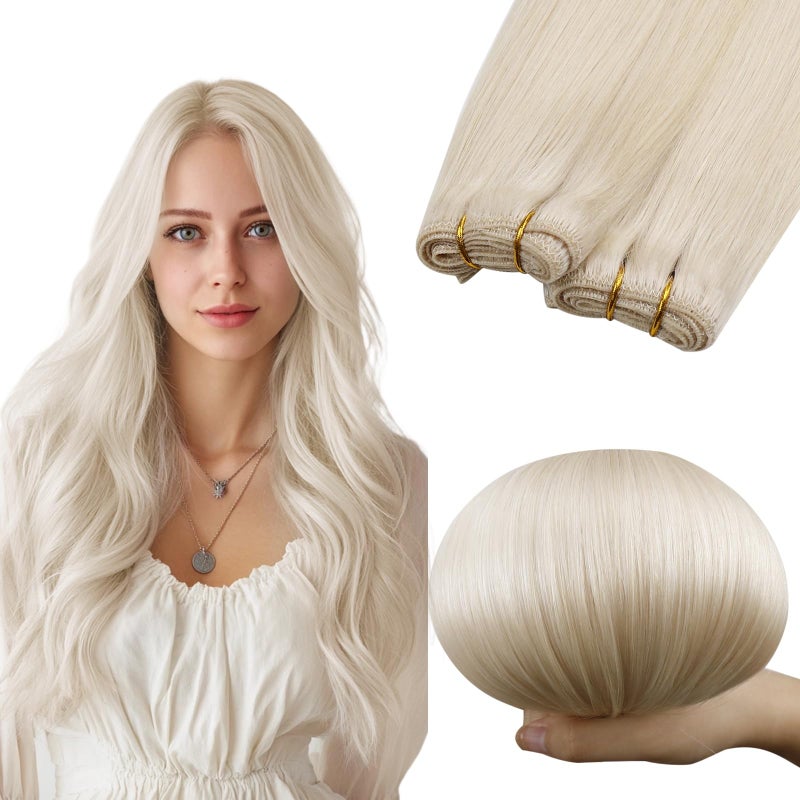 RUNATURE Blonde Weft Hair Extensions Human Hair,#800 Ice Blonde,14 Inch 100g,Straight Short Sew in Hair Extensions Real Human Hair Weft Extensiosn,Full Head Double Weft - Image 1
